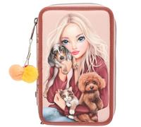 Depesche 13673 TOPModel Fur Ever Friends Filled 3-Compartment Pencil Case in Pink and Copper, with Model Motif, Dog and Cat, Pencil Case with Colouring Pencils, Scissors, Ruler and More