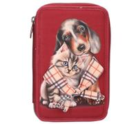 Depesche 13674 TOPModel Fur Ever Friends Filled 2-Compartment Pencil Case in Dark Red with Dog and Cat Motif, Pencil Case with Colouring Pencils, Scissors, Ruler and Much More