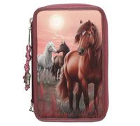 Depesche 13680 Miss Melody Dreamland Filled 3-Compartment Pencil Case in Berry Colours with Horse Motif, Pencil Case with Colouring Pencils, Scissors, Ruler and Much More