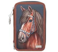 Depesche 13688 Miss Melody Luxury Horse Filled 3-Compartment Pencil Case in Dark Blue and Brown, with Horse Motif and Rhinestones, Pencil Case with Colouring Pencils, Scissors, Ruler etc.