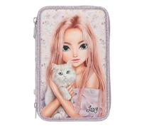 Depesche 13958 TOPModel Blooming Kitty - Filled 3-Compartment Pencil Case in Pink with Model Motif, Flower Pattern and Cat, Pencil Case with Colouring Pencils, Scissors, Ruler and Much More