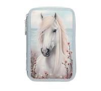 Depesche 13974 Miss Melody - Filled 2-Compartment Pencil Case in Light Blue with Horse Motif and Flowers, Pencil Case with Colouring Pencils, Scissors, Ruler and much more