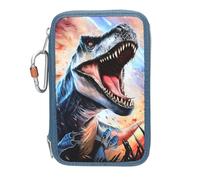 Depesche 13982 Dino World - Filled 3-Compartment Pencil Case in Blue, with T-Rex Motif on Flame Background, Pencil Case with Colouring Pencils, Scissors, Ruler, etc.