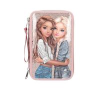 Depesche 14007 TOPModel Dots - Filled 3-Compartment Pencil Case in Pink with TOPModel Motif, Dots Pattern and Glitter, Pencil Case with Colouring Pencils, Scissors, Ruler and Much More