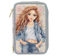 Depesche 14020 TOPModel Festival Fun Filled Pencil Case with 3 Compartments in Dark Blue and Cream with TopModel Motif and Flower Pattern, Pencil Case with Colouring Pencils, Scissors, Ruler and Much