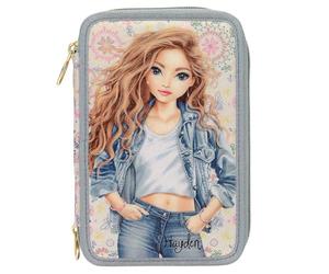 Depesche 14020 TOPModel Festival Fun Filled Pencil Case with 3 Compartments in Dark Blue and Cream with TopModel Motif and Flower Pattern, Pencil Case with Colouring Pencils, Scissors, Ruler and Much