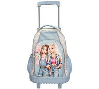 Depesche 14022 TOPModel Festival Fun School Backpack Trolley in Dark Blue and Cream with Model Motif and Flower Pattern, School Bag with Telescopic Handle and Wheels