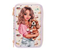 Depesche 14148 TOPModel Sunny Dog Filled 3-Compartment Pencil Case in Pink with Model Motif, Flower Pattern and Cat, Pencil Case with Colouring Pencils, Scissors, Ruler and Much More