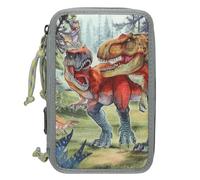 Depesche Dino World Bite - Filled 3-Compartment Pencil Case in Green, with Dino Motif and Forest, Pencil Case with Coloured Pencils, Ruler, Scissors and More