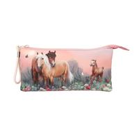 Depesche Miss Melody Flowers 12870 Fan Pencil Case with 3 Zip Compartments with Horse Motif and Dog Pendant