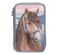 Depesche 13415 Miss Melody Filled 3-Compartment Pencil Case in Blue, with 3D Effect and Horse Motif, Pencil Case with Colouring Pencils, Scissors, Ruler and More, Blue, Miss Melody