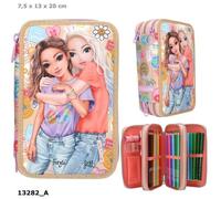 Depesche TOPModel Girl Power 13282 Filled 3-Compartment Pencil Case in Beige, with Model Motif and Colourful Batches, Pencil Case with Colouring Pencils, Scissors, Ruler and Much More