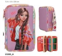 Depesche 13283 TOPModel Girl Power - Filled 3-Compartment Pencil Case in Purple, with Model Motif and Colourful Batches, Pencil Case with Colouring Pencils, Scissors, Ruler and Much More