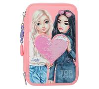 Depesche TOPModel 12950 Filled 3-Compartment Pencil Case in Pink, with Model Motif and Reversible Sequins, Pencil Case with Colouring Pencils, Ruler, Scissors and Much More