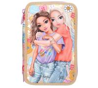 Depesche TOPModel Girl Power 13282 Filled 3-Compartment Pencil Case in Beige, with Model Motif and Colourful Batches, Pencil Case with Colouring Pencils, Scissors, Ruler and Much More