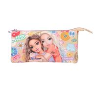 Depesche TOPModel Girl Power 13287 Pencil Case in Beige with Model Motif and Colourful Batches, Pencil Case with 3 Inner Compartments