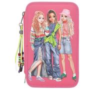 Depesche TOPModel Joy 12910 Filled 3-Compartment Pencil Case in Pink with Model Motif and Pendant, Includes 18 Coloured & Felt Tip Pens, 2 Pencils, Ruler, Scissors & More, For Girls Aged 6-8