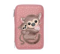 Depesche TOPModel Juicy 13323 Filled 3-Compartment Pencil Case in Dusky Pink, with Dots Pattern, Monkey Appliqué and Fruit, Pencil Case with Coloured Pencils, Scissors, Ruler and More