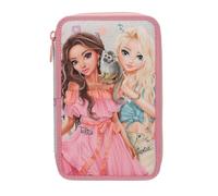 Depesche TOPModel Juicy 13324 Filled 3-Compartment Pencil Case in Cream and Pink, with Model Motif, Monkey and Colourful Pattern, Pencil Case with Colouring Pencils, Scissors, Ruler and Much More