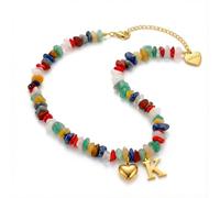 DEPHINI 18K Gold Plated Initial Necklace for Women, Colorful Natural Gemstone Beaded Necklace with Heart & Alphabet Letter Pendant, Stainless Steel Boho Personalized Jewelry Gift (K)