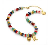 DEPHINI 18K Gold Plated Initial Necklace for Women, Colorful Natural Gemstone Beaded Necklace with Heart & Alphabet Letter Pendant, Stainless Steel Boho Personalized Jewelry Gift (R)