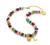 DEPHINI 18K Gold Plated Initial Necklace for Women, Colorful Natural Gemstone Beaded Necklace with Heart & Alphabet Letter Pendant, Stainless Steel Boho Personalized Jewelry Gift (L)