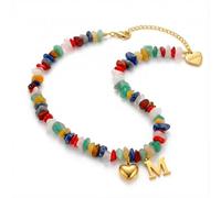 DEPHINI 18K Gold Plated Initial Necklace for Women, Colorful Natural Gemstone Beaded Necklace with Heart & Alphabet Letter Pendant, Stainless Steel Boho Personalized Jewelry Gift (M)
