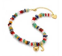 DEPHINI 18K Gold Plated Initial Necklace for Women, Colorful Natural Gemstone Beaded Necklace with Heart & Alphabet Letter Pendant, Stainless Steel Boho Personalized Jewelry Gift (J)