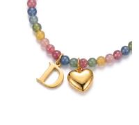 DEPHINI Initial Necklace for Women, Colorful Natural Gemstone Beaded Necklace with Heart & Alphabet A Letter Pendant, 18K Gold Plated Stainless Steel Boho Personalized Jewelry Gift (D)