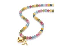 DEPHINI Initial Necklace for Women, Colorful Natural Gemstone Beaded Necklace with Heart & Alphabet A Letter Pendant, 18K Gold Plated Stainless Steel Boho Personalized Jewelry Gift (A)