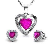 DEPHINI - Jewellery Set Heart Necklaces with stud Earrings - 925 sterling silver Double Hearts Pendant for Women - Cubic Zirconia - Rhodium Plated (Pink set)