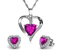 DEPHINI - Jewellery Set Heart Necklaces with stud Earrings - 925 sterling silver Double Hearts Pendant for Women - Cubic Zirconia - Rhodium Plated (Pink set 2)