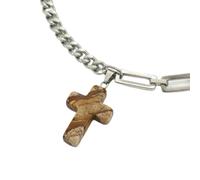 DEPHINI Natural Gemstone Cross Necklace for Men - Stainless Steel Mixed-Link Chain - Cuban & Paperclip - Adjustable Pendant Jewelry for Him (Brown Jasper)