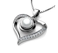 DEPHINI Real Pearl Necklace Pearl Pendant with cubic zircoina, 925 silver heart necklace for woman with rare rhodium plating - 18" sterling silver chain + Jewellery Box, Gifts for Women