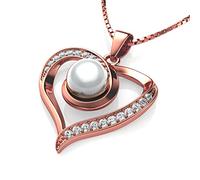 DEPHINI Real Pearl Necklace Pearl Pendant with cubic zircoina, 925 silver heart necklace for woman with rare rhodium plating - 18" sterling silver chain + Jewellery Box, Gifts for Women