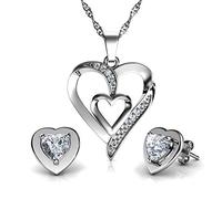 DEPHINI - White Heart Necklace - Heart Earrings SET - 925 Sterling Silver - Crystal Studs -18" Rhodium Plated Silver Chain - Cubic Zirconia