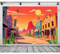 DePhoto 7x5FT Cartoon Western Backdrop Western Cowboy Town Cactus Retro Building Mountain Background for Western Themed Activities Party Decorations Vinyl