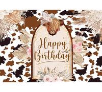 DePhoto 7x5Ft Cows Happy Birthday Backdrop Brown Highland Cattle Pampas Grass Photography Background Boho Farm Cow Birthday Party Decorations for Girls Photo Booth Props
