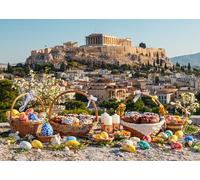 DePhoto 7x5FT Easter Backdrop Athens Acropolis Iconic Landmarks Colorful Eggs Flower Basket Background for Spring Themed Baby Birthday Shower Party Decor Vinyl