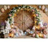DePhoto 7x5FT Easter Backdrop Colorful Eggs Cute Bunny Rabbit Retro Wooden Wall Bouquet Archway Background for Easter Birthday Party Decoration Vinyl
