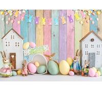 DePhoto 7x5FT Easter Backdrop Spring Colorful Eggs Bunny Rabbit Wooden Wall Photography Background for Easter Party Decorations Portrait Photo Banner