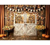 DePhoto 7x5ft Fall Thanksgiving Photo Backdrop, Rustic Barn Door Background with Maple Leaves Pumpkins, Autumn Harvest Wall Decor for Friendsgiving Birthday Party Photography Decoration