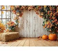 DePhoto 7x5ft Fall Thanksgiving Photo Backdrop Rustic Wooden Floor Barn Background with Pumpkin Maple Leaves Autumn Harvest Family Portrait Photography Backdrop Holiday Party Decoration