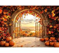DePhoto 7x5ft Fall Window Photography Backdrop Autumn Forest Rustic Orange Pumpkin Harvest Sunset Maple Leaves River Natural Scenery Banner Decor Studio Prop Thanksgiving Party Background