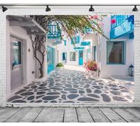 DePhoto 7x5ft Greece Santorini Street Scenery Backdrop White Building Architecture Romantic Blooming Flowers Background for Wedding Birthday Party Photoshoot Photo Studio Decoration Props