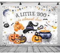 DePhoto 7x5FT Halloween Baby Shower Backdrop A Little Boo is Almost Due Background Orange Pumpkin Purple Magic Pot for Halloween Newborn Party Decorations Vinyl