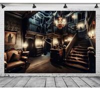 DePhoto 7x5FT Halloween Haunted House Backdrop Middle Ages Retro Spooky Spider Web Stairs Background for Kids Halloween Themed Birthday Party Decorations Vinyl