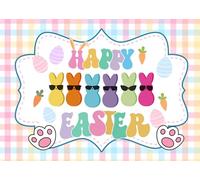 DePhoto 7x5FT Happy Easter Backdrop Bunny Footprints Easter Color Plaid Background for Outdoor Birthday Party Decoration Photo Shoot Props Vinyl