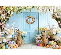 DePhoto 7x5FT Spring Easter Backdrop Cute Bunny Rabbit Colorful Eggs Flowers Retro Blue Wooden Background for Easter Outdoor Birthday Party Decoration Photo Shoot Props Vinyl