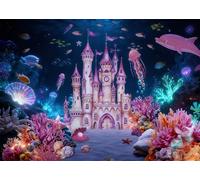 DePhoto 7x5FT Under The Sea Backdrop Ocean Underground Castle Marine Organisms Jellyfish Background for Princess Girl Baby Shower Birthday Party Decorations Vinyl